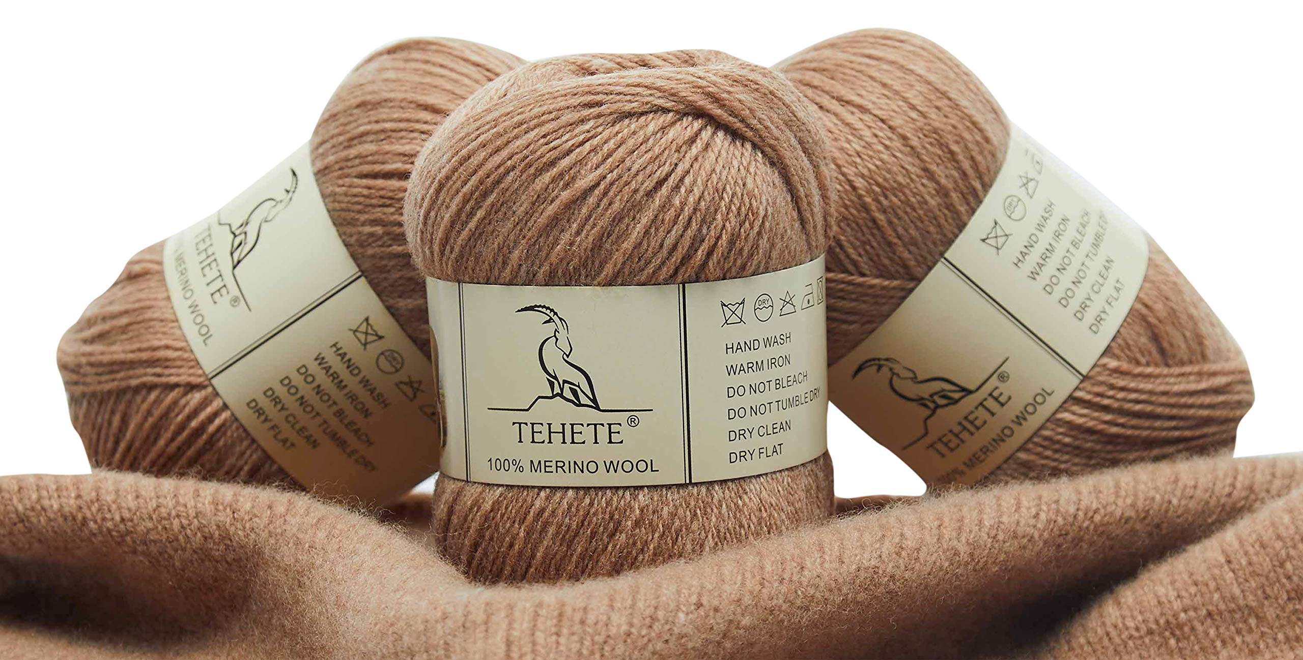 TEHETE 100% Merino Wool Yarn for Knitting and Crochet 3ply 3 × 50g, 250m, 3 Balls Pack Soft and Luxurious-Khaki