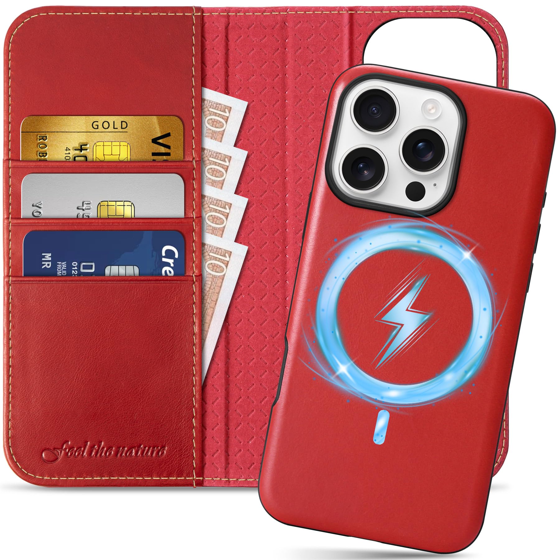 Photo 1 of SHIELDON Case for iPhone 16 Pro 6.3", Genuine Leather Wallet Wireless Charging Detachable Magnetic RFID Blocking Credit Card Holder Kickstand Protective Case Compatible with iPhone 16 Pro - Retro Red