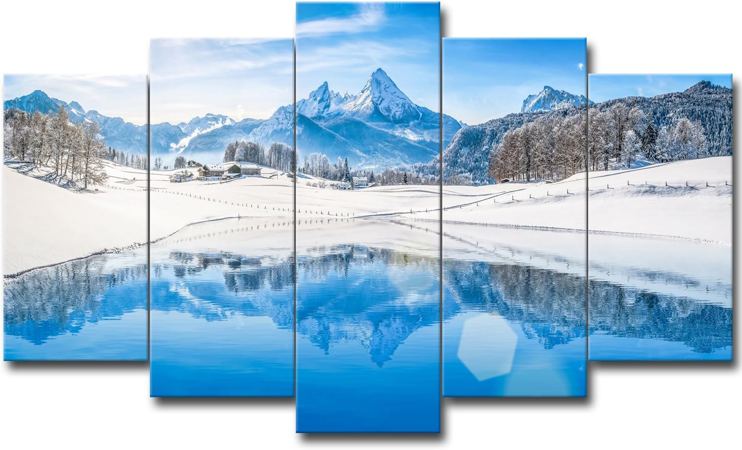 SureArt Framed Canvas Painting, Modern Wall Art, Home Deco, Natural Scenery Snow mountain-5PCS Set (S Size-Framed)