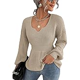 Veatzaer Womens V Neck Sweaters Fall Trendy Casual Long Lantern Sleeve Ribbed Knit Pullover Sweater Tops