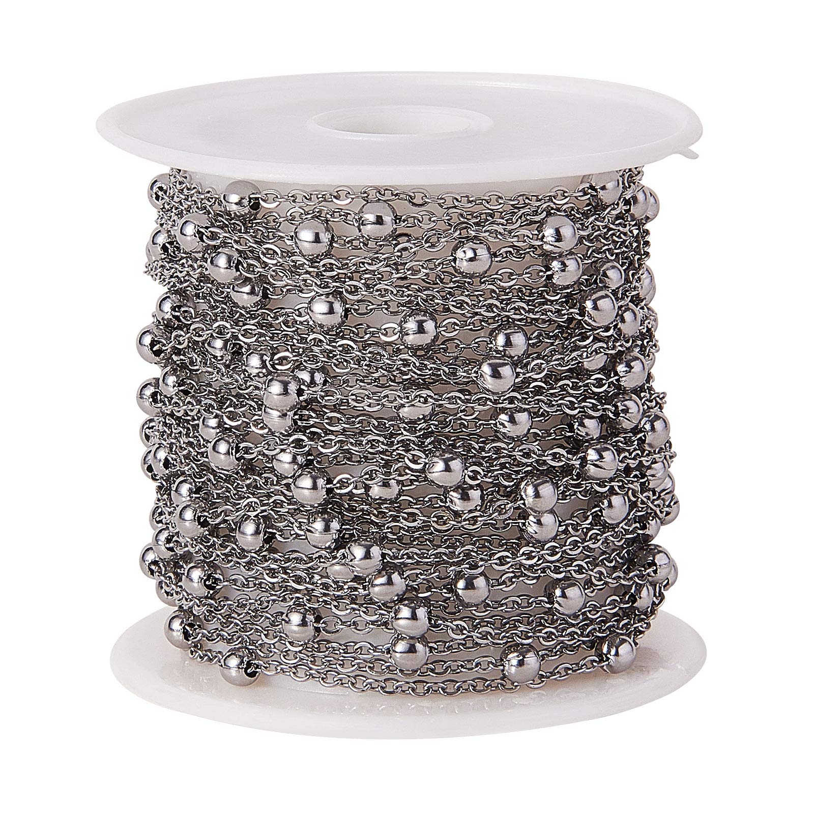 UR URLIFEHALL 16.4 Feet/5m 304 Stainless Steel Flat Cable Chains Satellite Chains Platinum with Round Beads for Necklace Jewellery Making