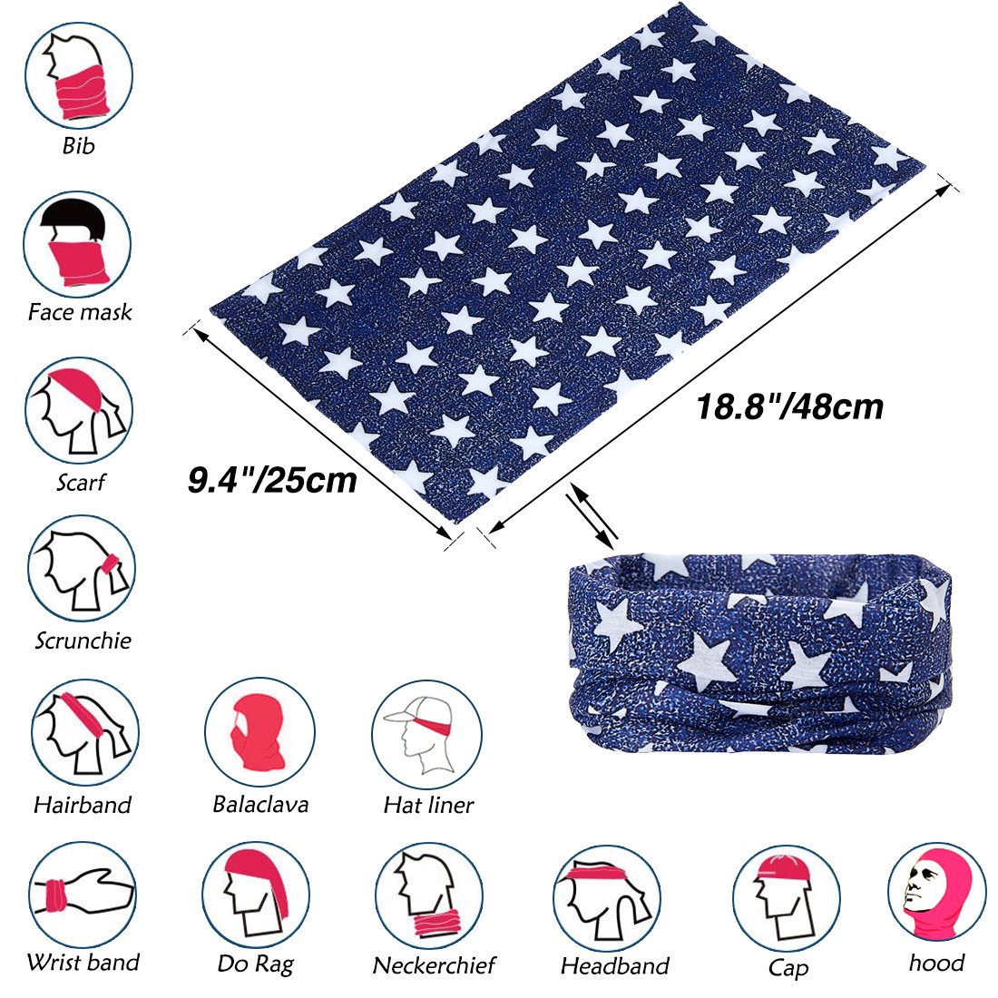 TUONROAD Printed Womens Plain Navy Blue White Stars Magic Neck Headband Scarf Mens Multifunctional Festival Fishing Stretchy Tube Face Sun Mask for Workout Running Skiing Riding Hunting Riding