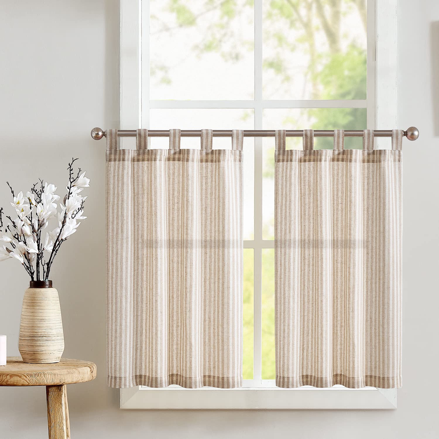 TOPICK Taupe Striped Kitchen Curtains 24 Inch Drop, Tab Top Small Cafe Curtains, Light Filtering Privacy Short Half Window Curtain Tiers for Bathroom, Cupboard Base, Sink, RV, W26 x L24 Inch 2 Panels — image 1
