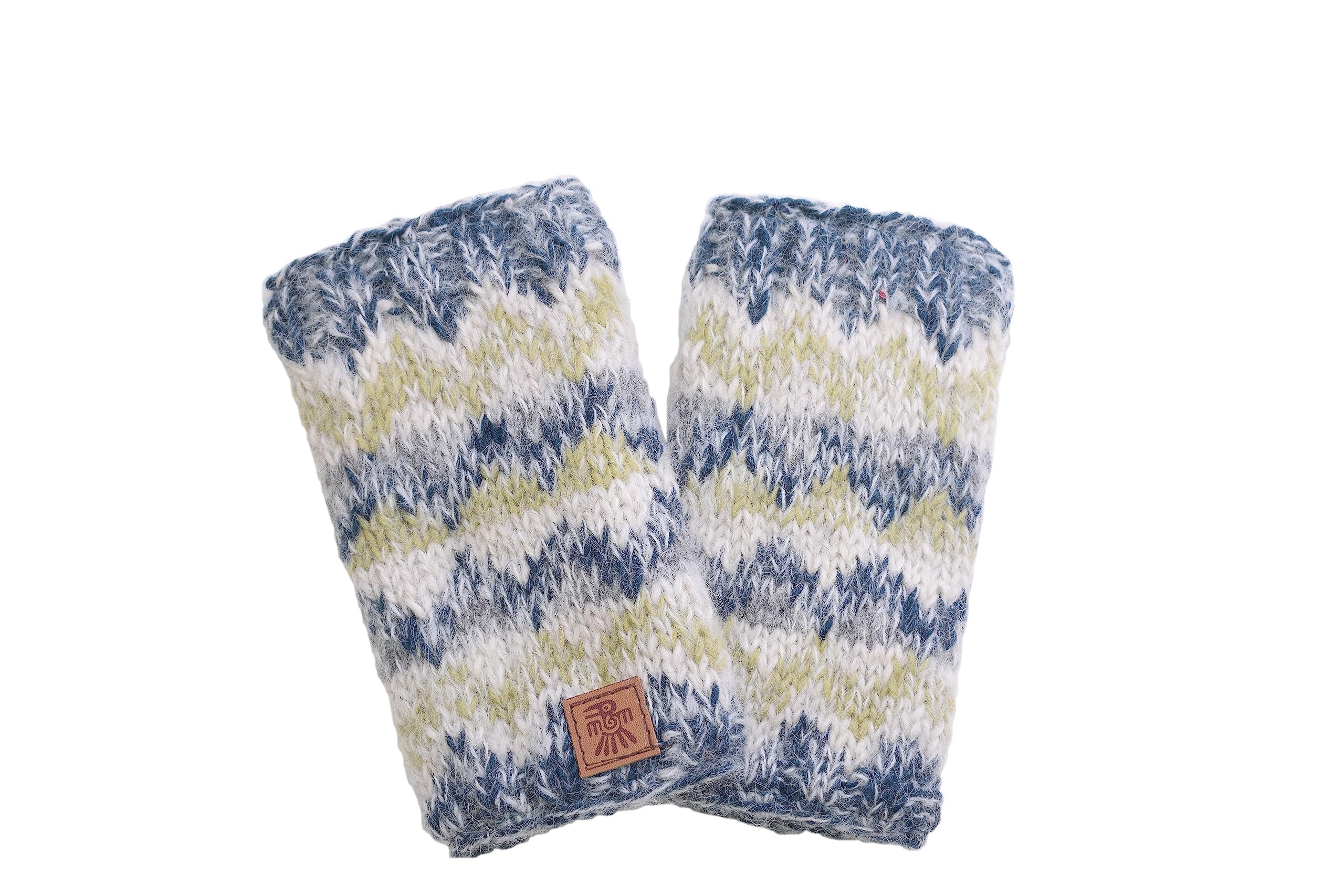 Pachamama Women Wool/Mohair Hand Wrist Warmers Sherpa Fleece Lined Handknitted Soft Stripe One-Size Handmade Extra Warm Fair Trade (Spruce)