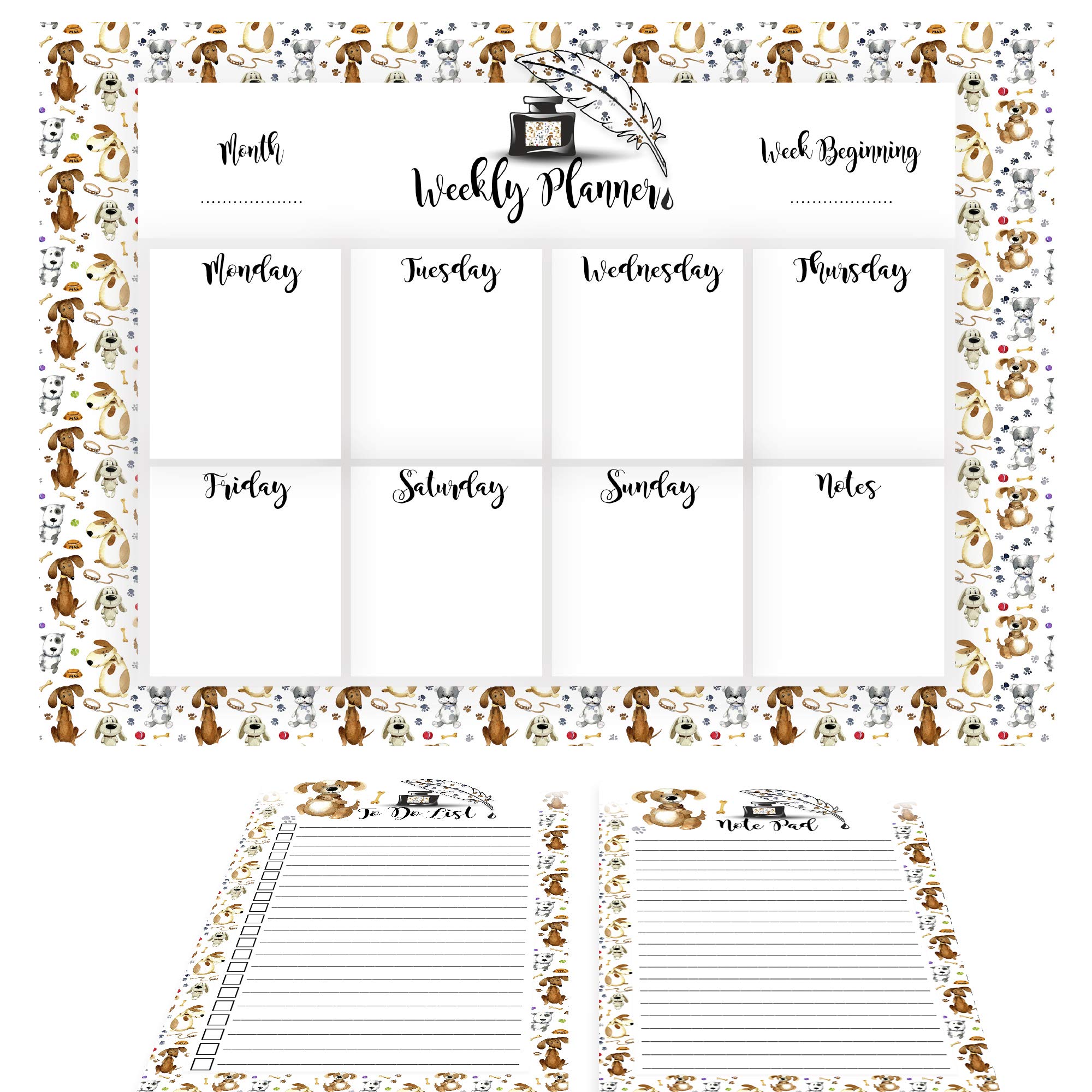 Pets Recycled A4 Desk Top Weekly Planner organiser Desk pad 52 Pages To Do List Pad & Note Pad Xmas Gifts Daily Planning Shopping Lists Office Students Family Made in UK Magnetic Backing (Cute Dogs)