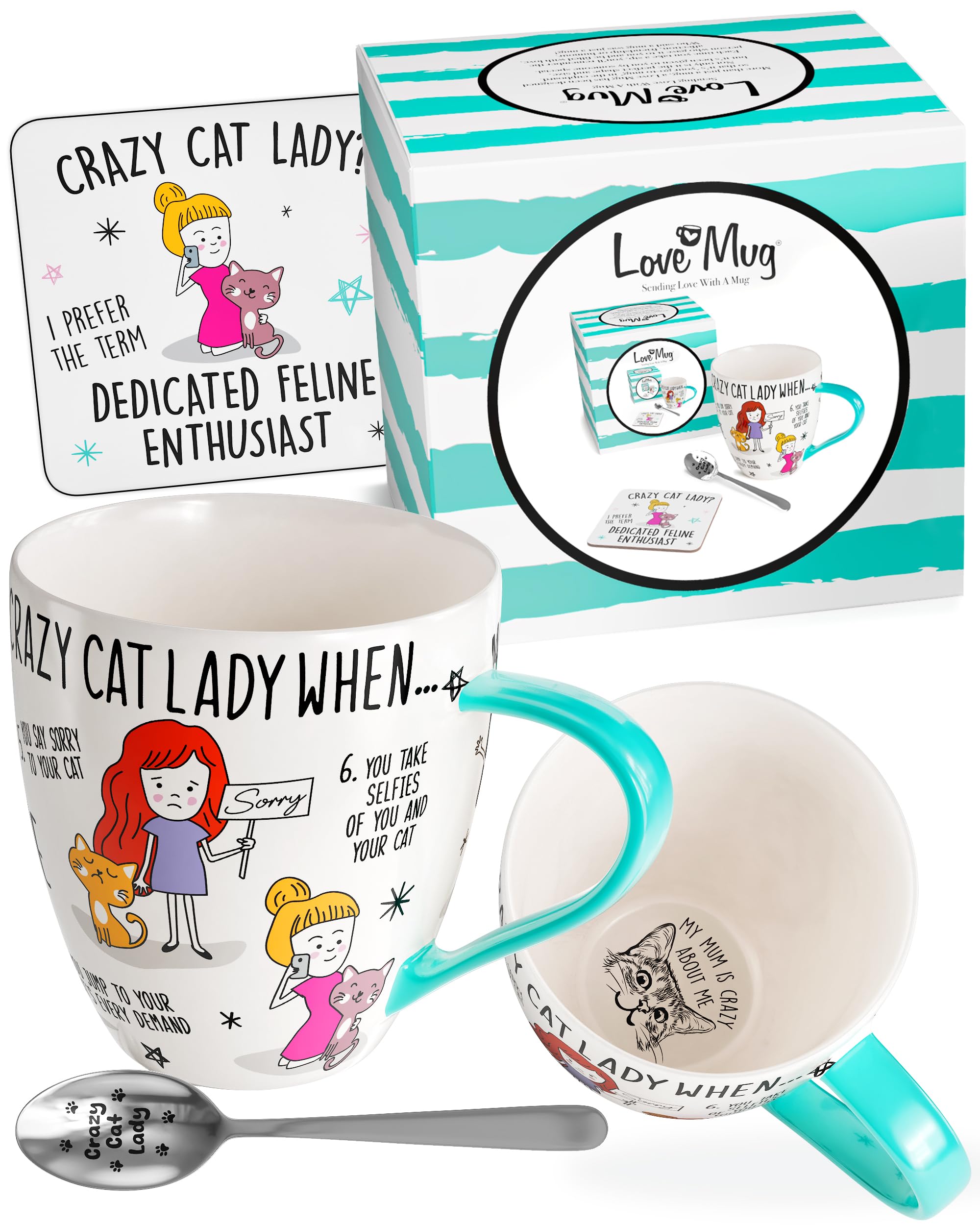Love Mug®: A Funny Gift for A Crazy Cat Lady, Featuring A Large Cat Mug with A Printed Message Inside, A Coaster and an Engraved Teaspoon. Beautifully Packaged. Award Winning Retailer