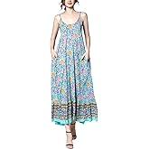 BUENOS NINOS Women's V Neck Floral Maxi Dress Boho Printed Adjustable Spaghetti Strap Ethnic Beach Long Dress with Pockets