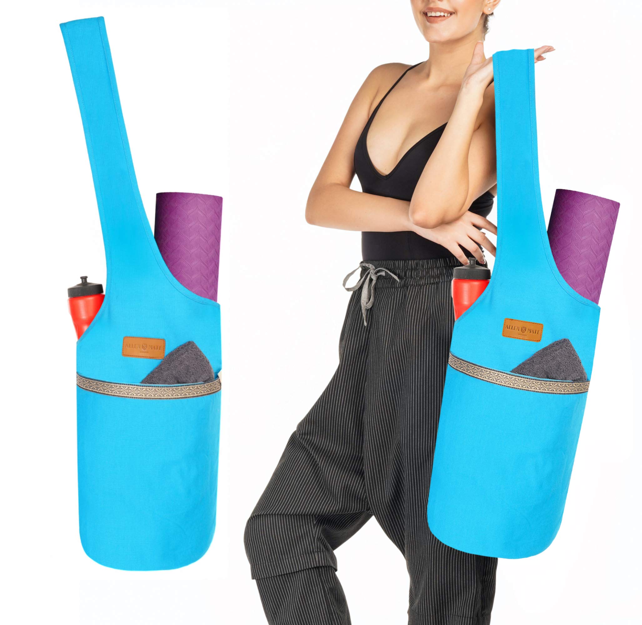 ALLEN & MATE 100% Cotton Yoga Mat Bag for Women and Men, Large Pocket with Zipper Storage, Shoulder Strap Carrier for Yoga and Pilates Mats