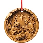 Holy Family Wood-Style Ornament - Rustic Christian Christmas Decor, Stable Scene Printed on Acrylic - Catholic Religious Decorative Woodland Ornaments