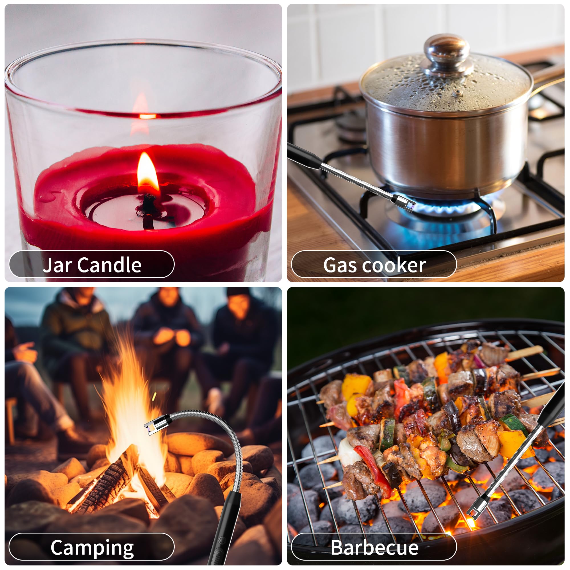 2-Pack Rechargeable Electric Candle Lighters, Flameless Windproof Long Lighter with 360° Flexible Neck and LED Display for Candles, Camping, BBQ & Fireplace (Black)