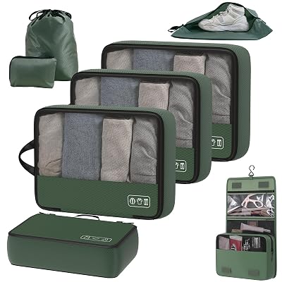 8-Piece Compression Packing Cubes for Travel, Trendy Luggage Organizer Set for Young Travelers, Space Saving for Carry-On, Suitcase, Vacation & Weekend Trips - Avocado Green