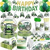 Xynic 213pcs Tractor Birthday Decorations for Farm Party, Serves 25 | Convenient paper tableware set includes 350gsm plates, waterproof tablecloths, cupcake toppers, balloons, banner