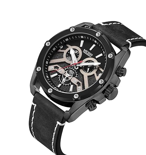 MEGIR Men Watch Fashion Black Leather Strap Sports Analogue Quartz