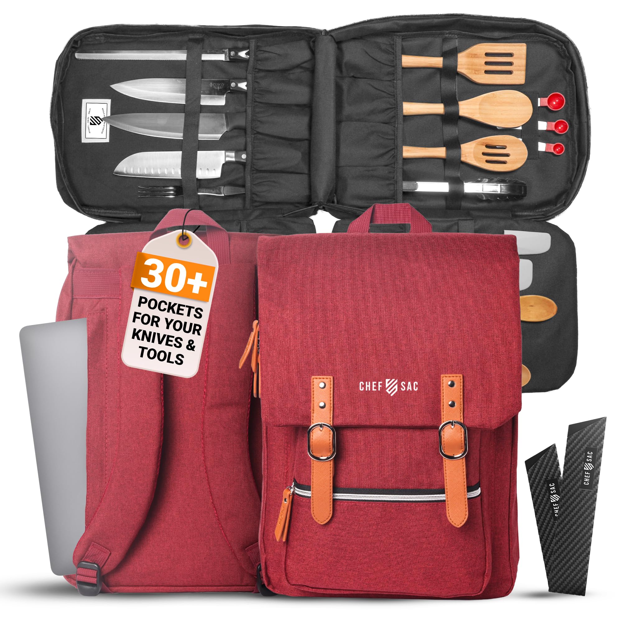 Photo 1 of Chef Sac Chef Knife Bag Vintage Backpack | 30+ Pockets for Knives and Chef Tools | Knife Carrying Case with Hidden Back Pocket for Tablet | Sturdy Knife Bag for Chefs & Culinary Work (Red)