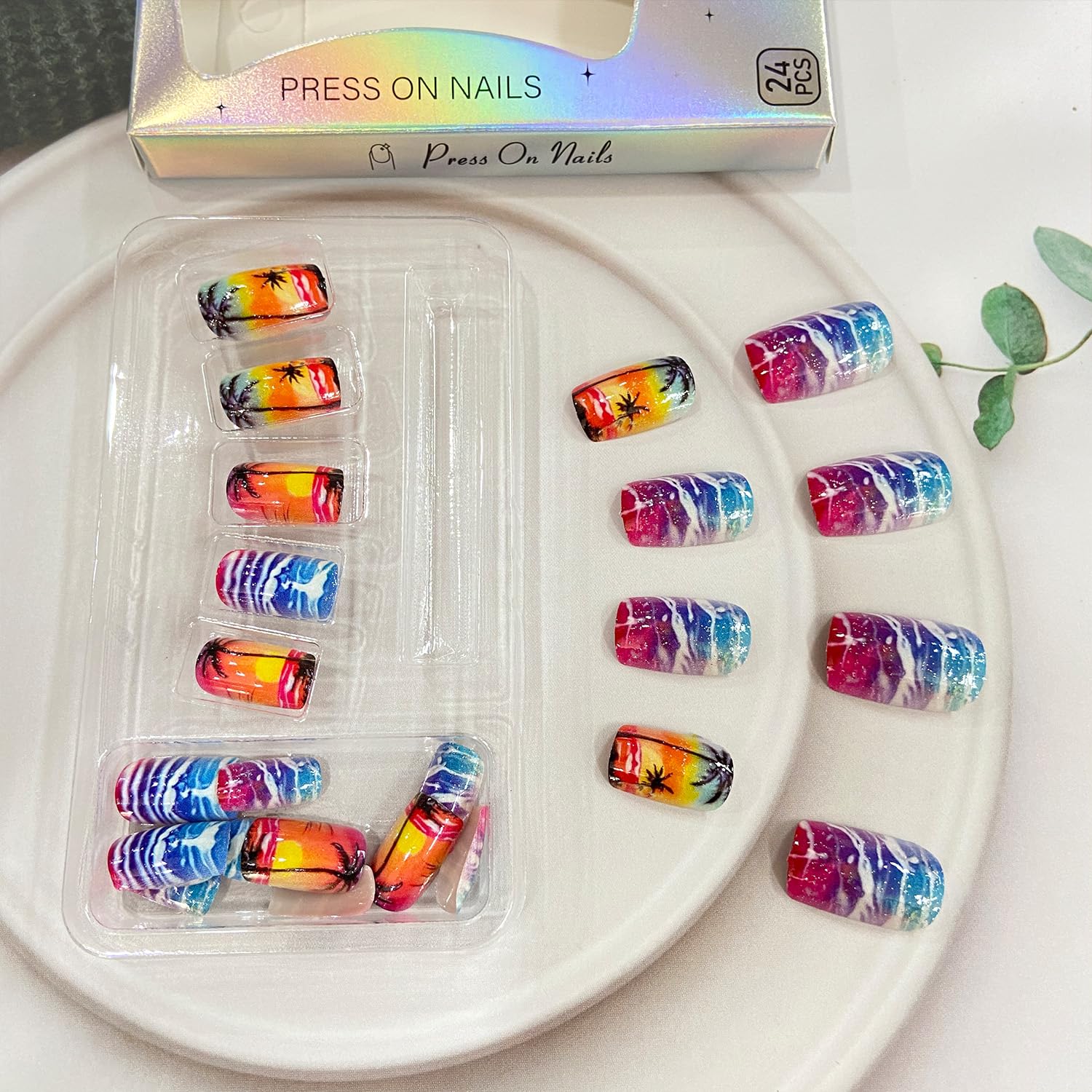 Summer Press on Nails Medium Square Fake Nails With Sunset Beach Coconut Tree Designs Ocean Waves False Nails Glossy Full Cover Stick on Nails Acrylic Artificial Nails for Women Glue on Nails 24 Pcs - Image 4
