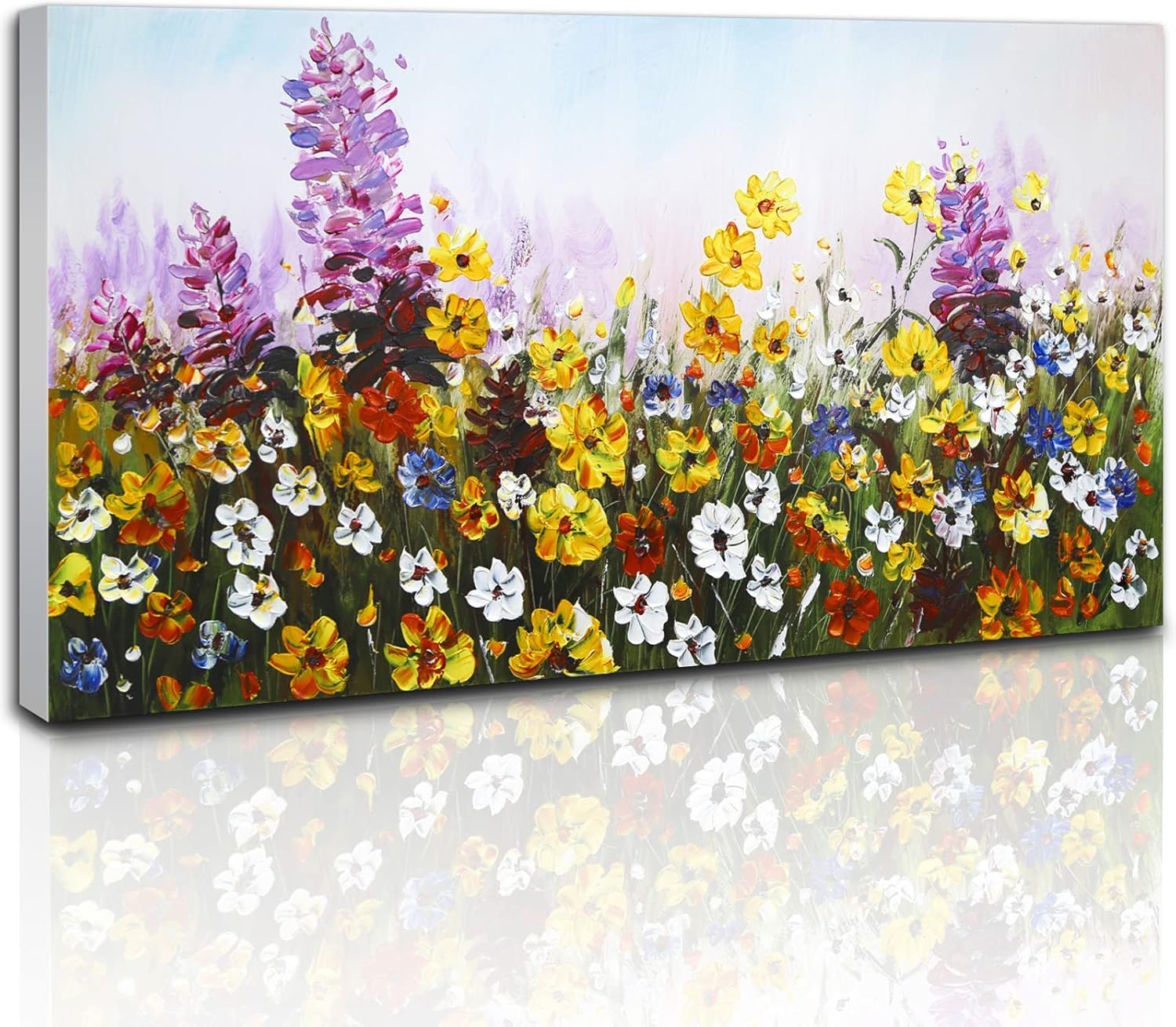 Paintings - Flower Painting Wall Art 100% Hand Painted Abstract Colorful Wildflower Landscape Oil Paintings Decor 24x48, Nature Floral Scenery Contemporary Framed Artwork for Living Room Bedroom Home Decoration