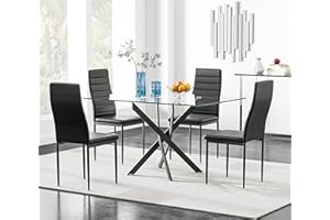 NIERN 5 Piece Dining Table Table Set, Glass Dining Table Set for 4 Kitchen Table Set with 4 upholstered Chairs for Kitchen Dining Room (Black Table with Black Chair)