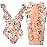 Women's One Piece Swimsuit with Cover Up Wrap Skirt, Floral Beach Swimsuit with Cover Up Set, Monokini Two Piece Bathing Suit