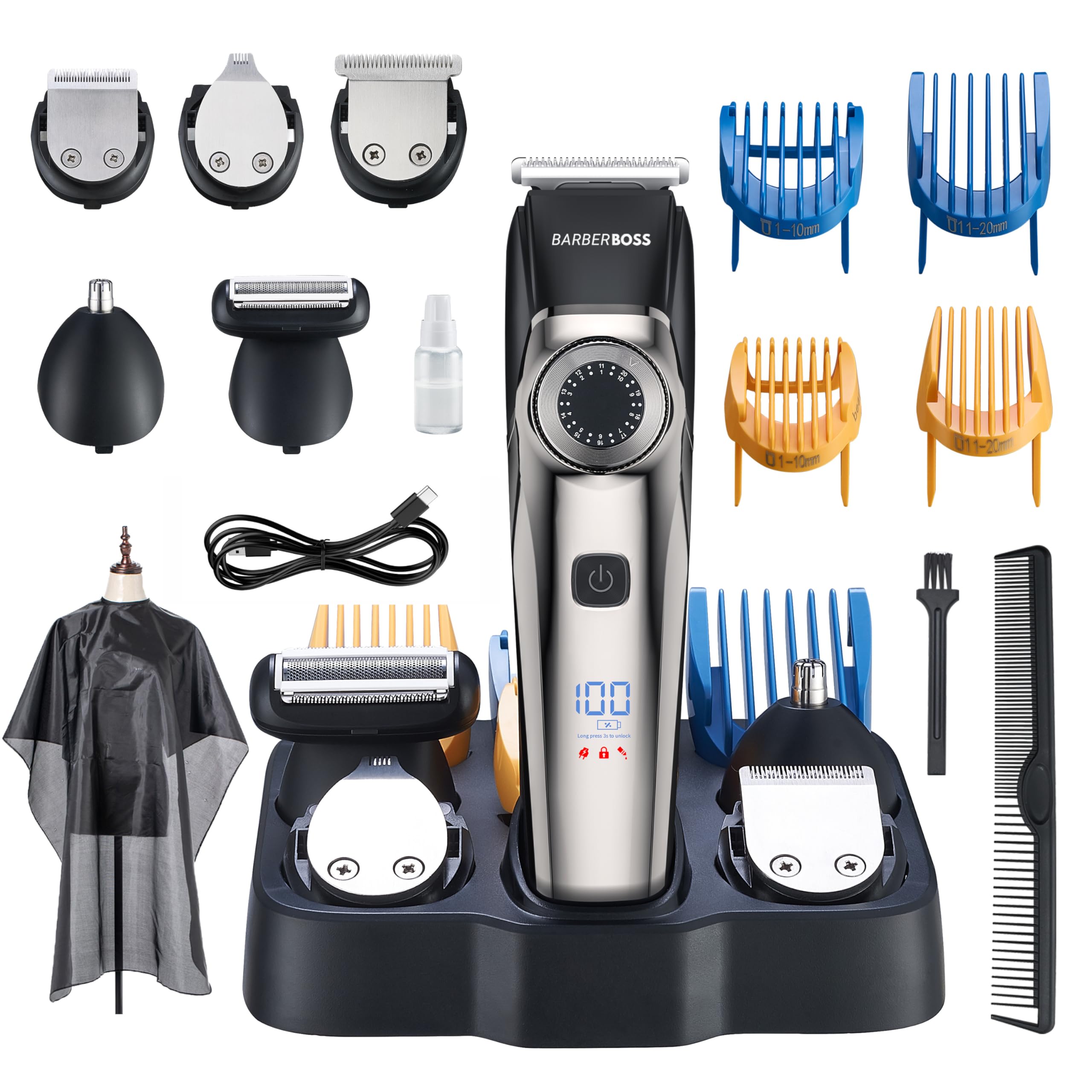 BarberBoss Professional Beard Trimmer Men, Hair Clipper, Grooming Kit- Ear & Nose, 39 Cutting Lengths, Comb Attachments, Precision Dial, Waterproof Design, LED Display, QR-6083