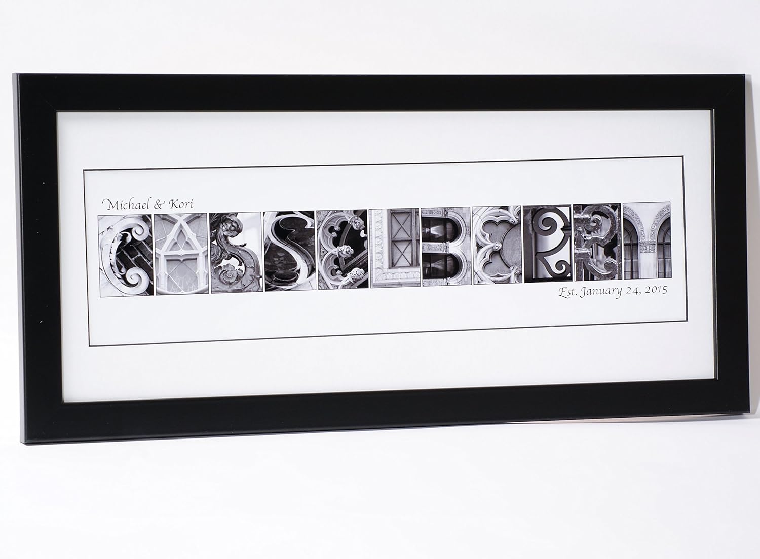 Personalized Name Sign Plaque with 12 by 26 inch Black Frame created with Black and White Architectural Alphabet Photographs for Personalized Gift, Wedding, Graduation, Anniversary, Childrens Name