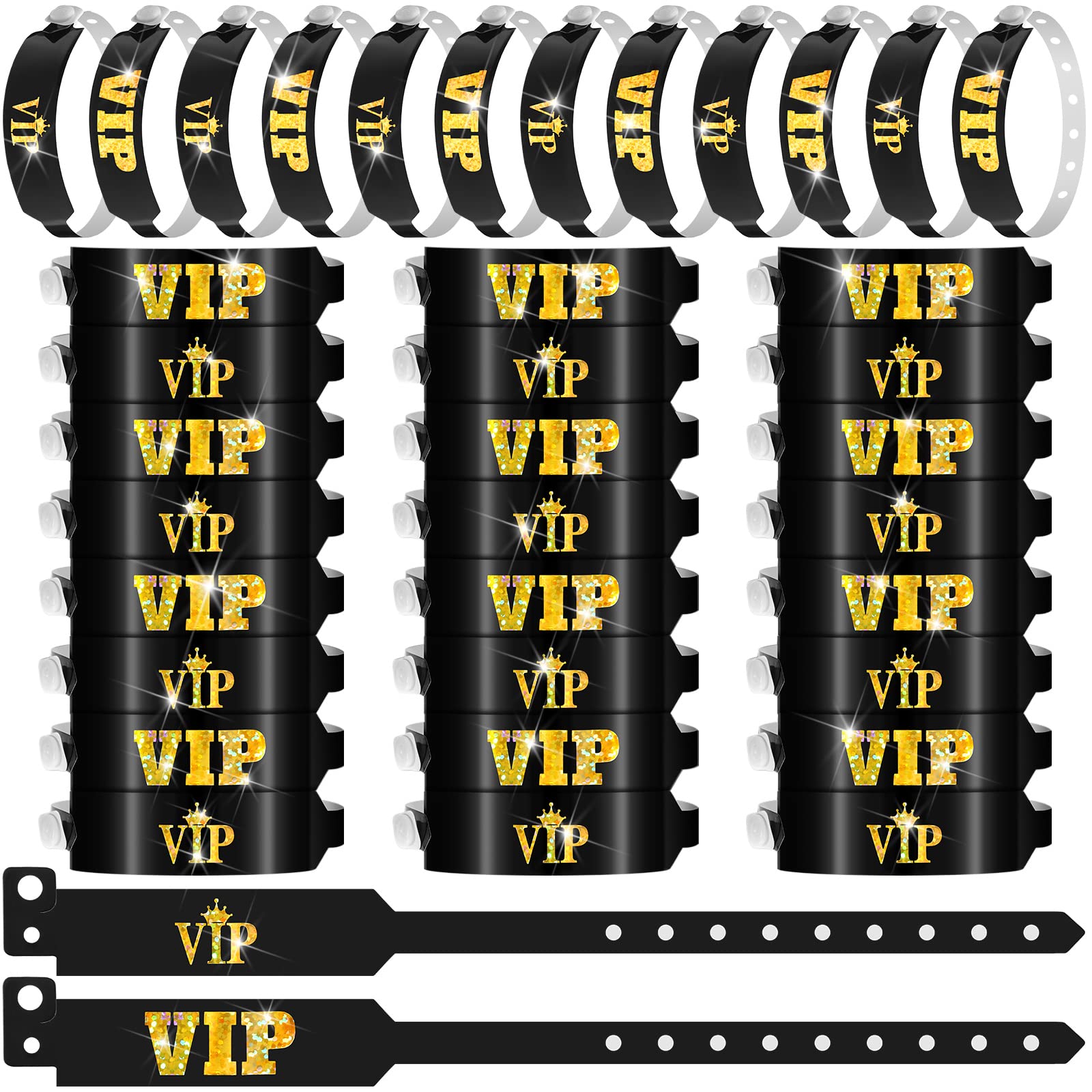 Photo 1 of 100 Pack VIP Wristbands for Events - Black and Gold Plastic Bracelets, Lightweight Waterproof for Amusement Parks, Clubs, Parties