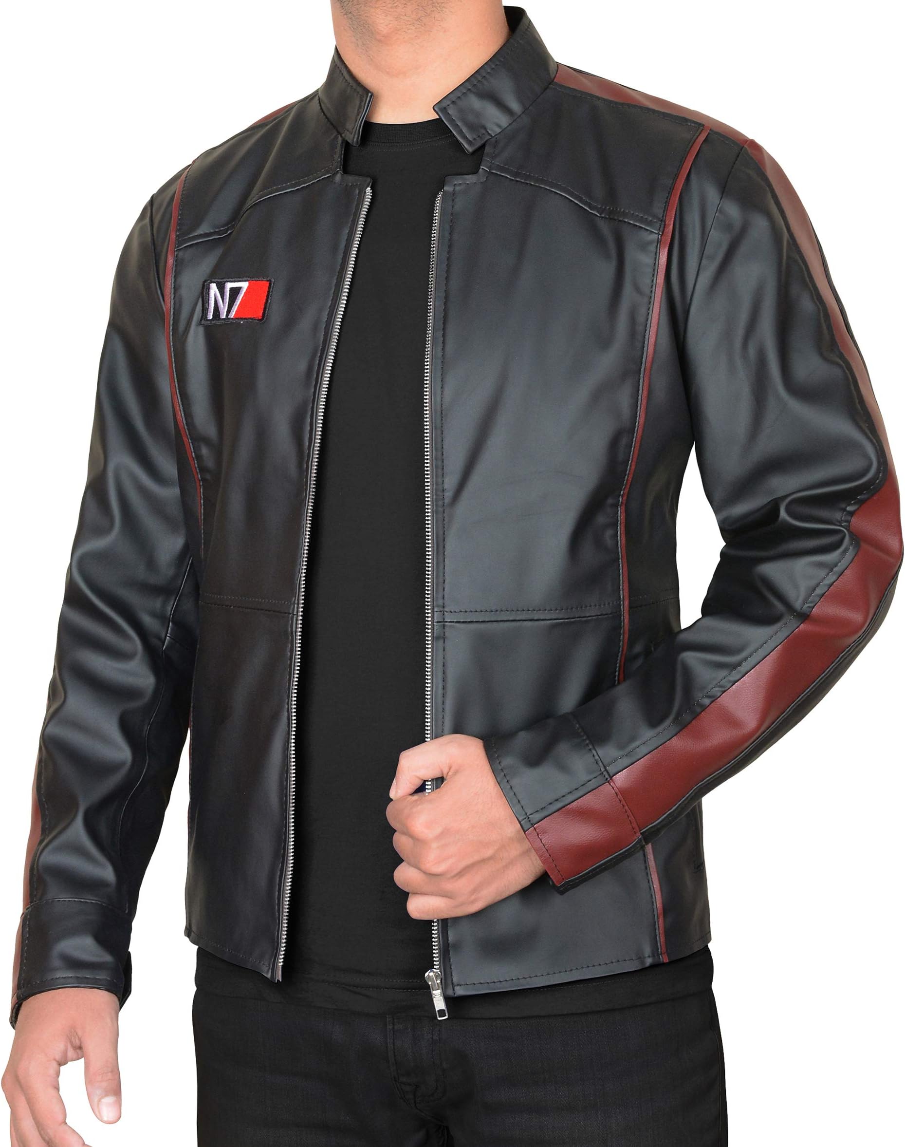 LP-FACONMen's N7 Jacket Mass 3 Commander Shepard Costume Cosplay Black Biker Style Faux/Real Leather/Fleece