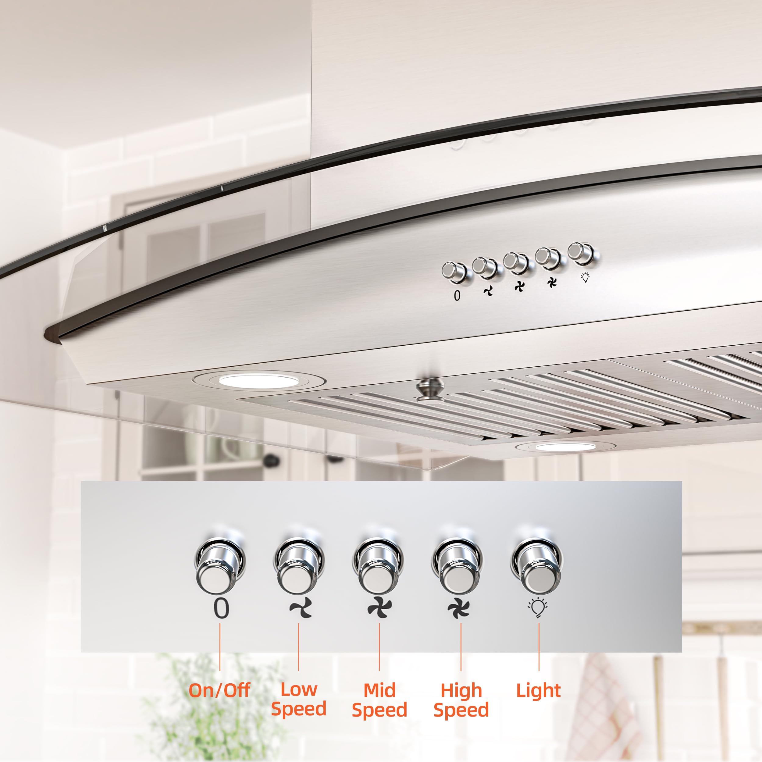 FIREGAS Island Range Hood 30 inch with 700 CFM, Ceiling Mount Kitchen Vent Hood Ducted/Ductless Convertible, Stainless steel stove hood with 3 speed fan, 4 lights, Tempered Glasss, Charcoal Filters