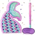 Hooqict Mermaid Tail Pinata with Pinata Stick & Blindfold for Girls Mermaid Party Games Decorations Under the Sea Ocean Themed Birthday Party Supplies