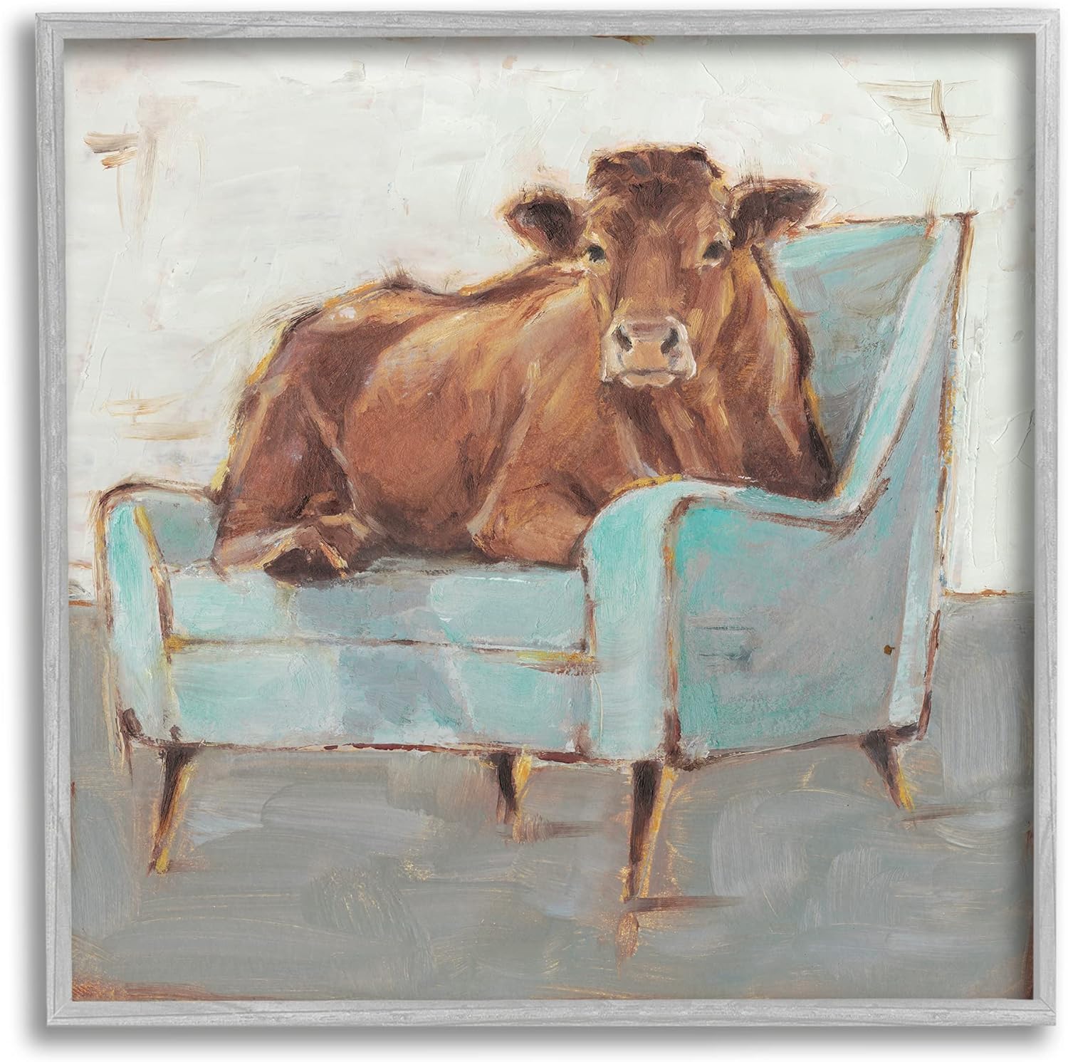 Paintings - Stupell Industries Brown Bull on a Blue Couch Neutral Color Painting, Design by Ethan Harper Gray Framed Wall Art, 24 x 24