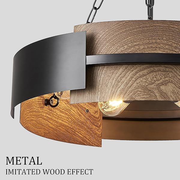 MODERN CHANDELIER 24″ INDUSTRIAL DRUM LIGHT FIXTURE BLACK METAL 6-LIGHT HANGING CHANDELIER WALNUT WOOD GRAIN FOR LIVING DINING ROOM FOYER ENTRYWAY KITCHEN