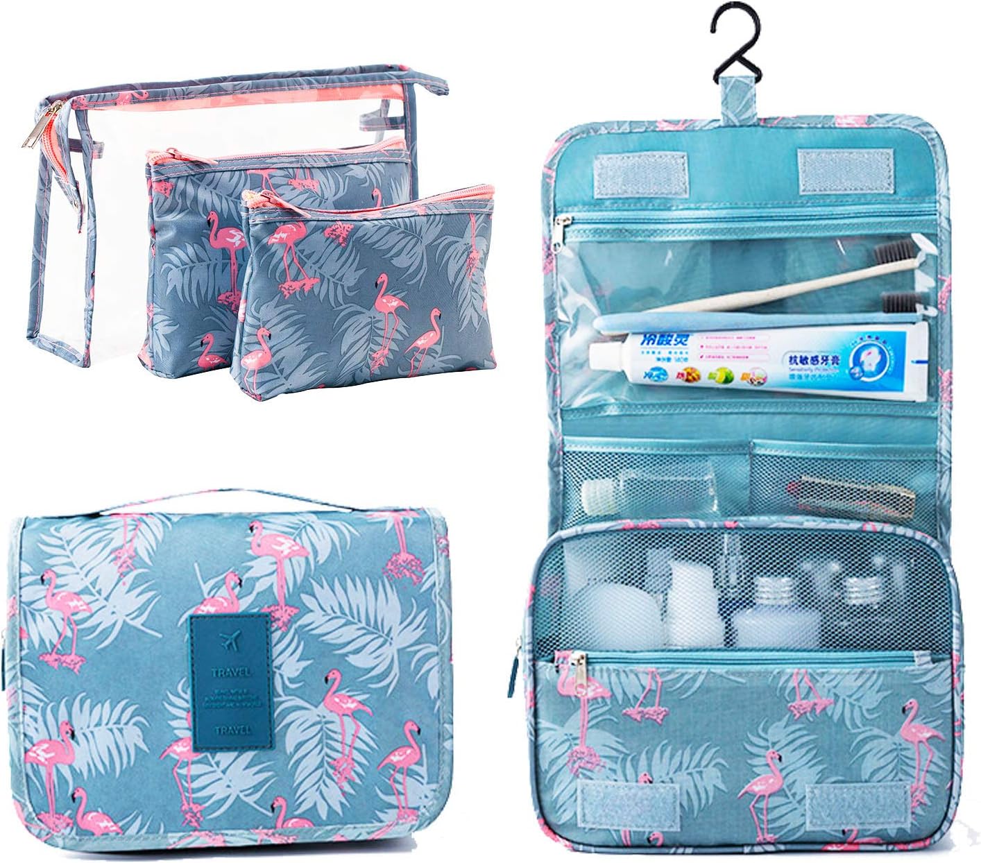 4 PCS Portable Travel Makeup Bag for Women Girl, Bigger Toiletry Case Cosmetic Bags for Travel with Hook(Flamingo)