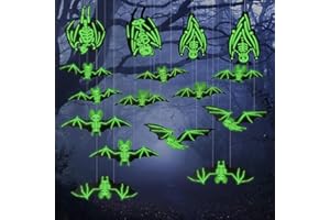 DONBAO 16 Pcs Hanging Bats Halloween Decoration Outdoor, 2024 Upgraded 8 Sizes Realistic 3D Scary Bat Sticker Wall Decor with Glowing Skeleton for Hanging in The Tree, Porch, Lawn, Indoor, Party