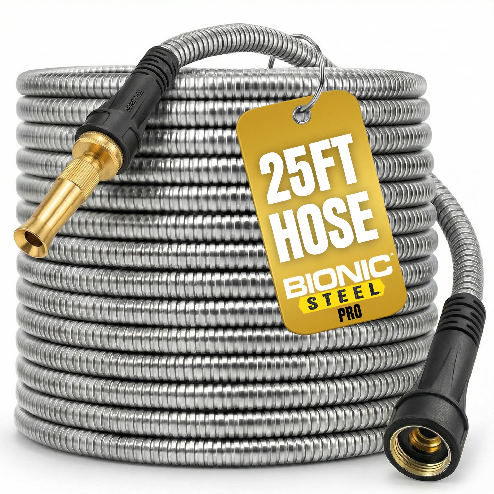 Bionic Steel PRO Garden Hose - 304 Stainless Steel Metal 25 Foot Garden Hose – Heavy Duty Lightweight, Kink-Free, and Stronger Than Ever with Brass Fittings and On/Off Valve – 2023 Model