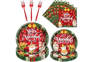 Deorfuy Feliz Navidad Party Decorations Tableware, 96PCS Mexican Christmas Glitter Disposable Paper Plates and Napkins Decoration, Spanish Feliz Navidad Forks Decor Supplies for 24 Guest