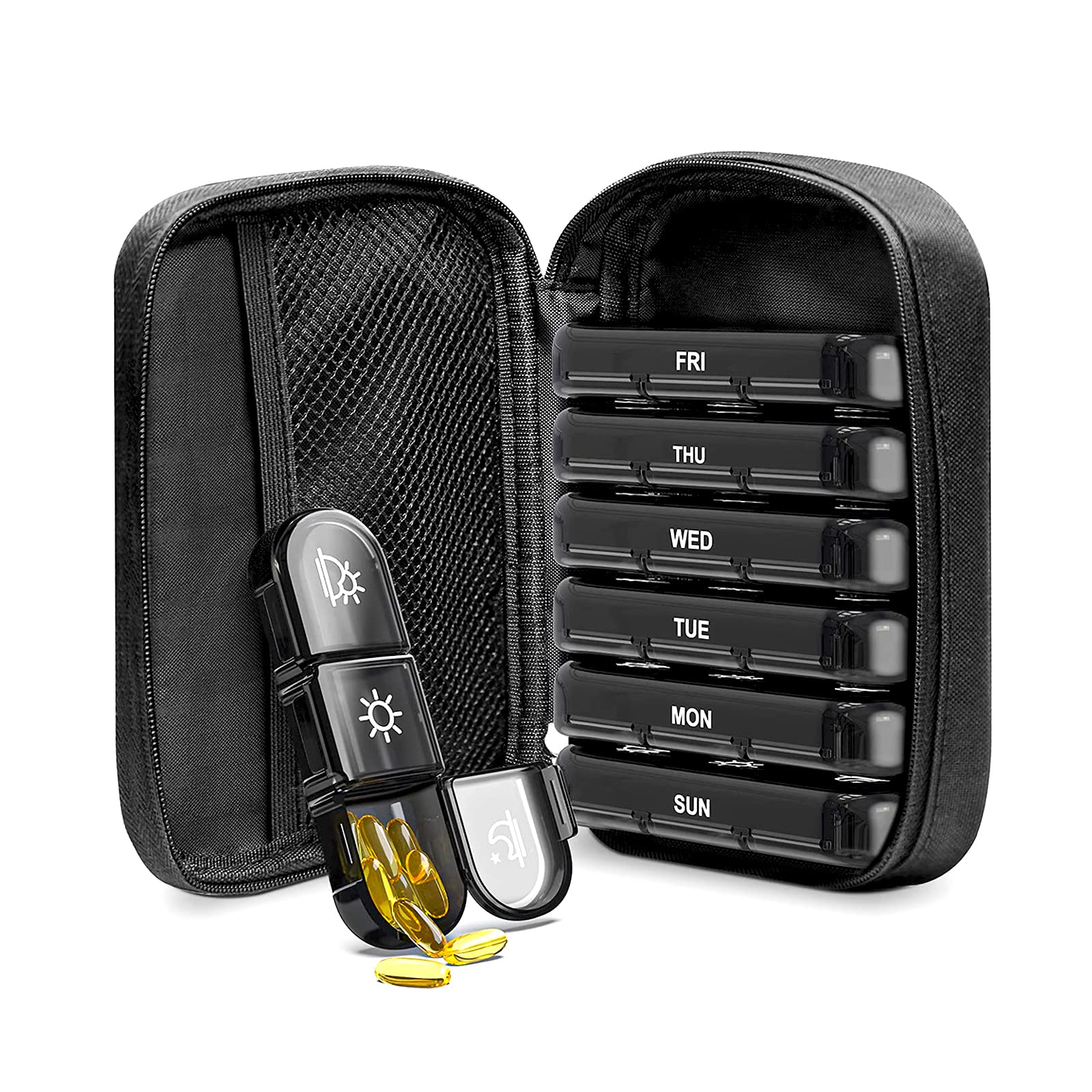 Pill Box 7 Day 3 Times a Day,Travel Pill Organiser, Weekly Pill Box Organisers,Portable Light Proof Canvas Bag Pill Box,Store Medication, Vitamin, Fish Oil, Supplement (Black)