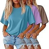 Huukeay 3 Pack Women's Half Sleeve T-Shirts, Crew Neck Elbow Length Tops Loose Casual Basic Tees Summer Tunic Tops