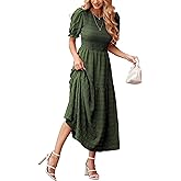 dowerme Womens Summer Dresses 2026 Casual Puff Short Sleeve Crewneck Smocked Flowy Ruffle Boho Beach Party Maxi Sundress
