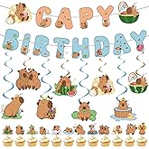 Capybara Birthday Decorations Banner Kids - 22 Pcs Cute Capy Birthday Party Banners Hanging Swirls Cupcake Toppers Decor For Boys Girls Capybara Lover Bday Party Supplies
