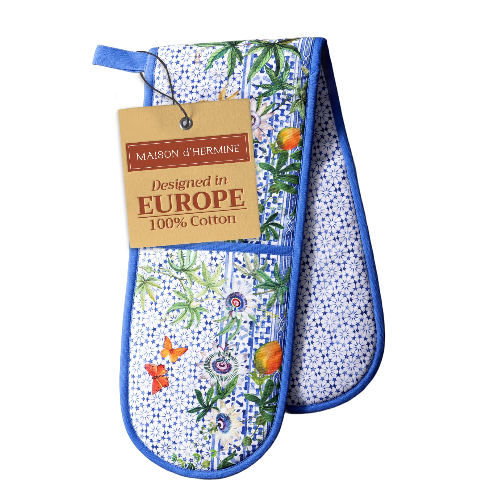 Maison d' Hermine Double Oven Mitts 100% Cotton 18 cm x 89 cm Double Oven Mitt Heat Resistant BBQ Cooking Gloves with Loop Baking Grilling Handling Hot Pans Gifts for Mothers Day (Passiflora)