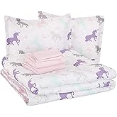 Amazon Basics Kid's Easy Care Microfiber Bed-in-a-Bag 7-Piece Bedding Set, Full/Queen, Purple Unicorns, Solid & Printed