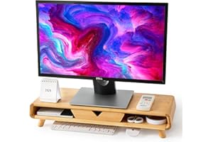 Homerays Bamboo Monitor Stand Riser, No Assembly Required Exquisite Monitor Stand with Drawer Ergonomic Height Wood Monitor Stand