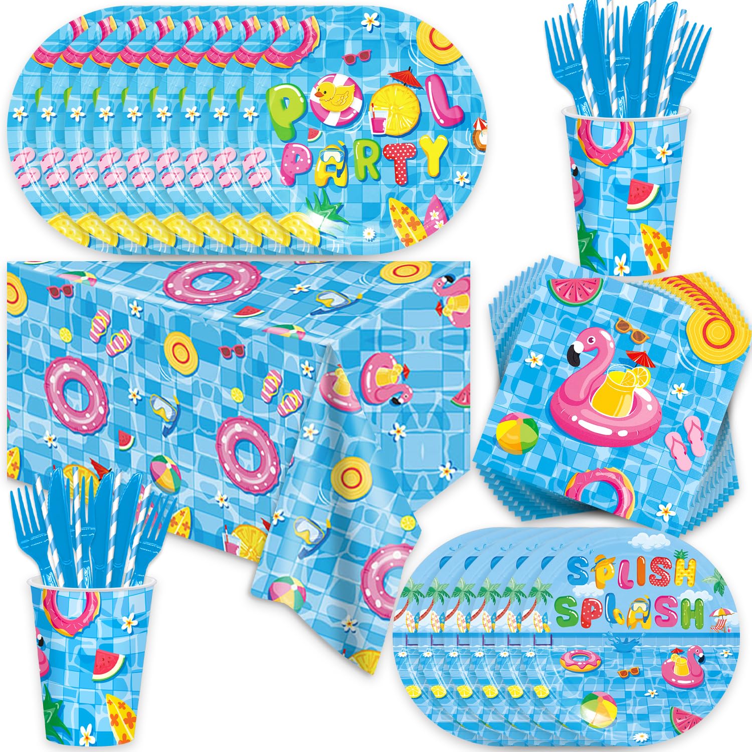 Photo 1 of 141Pcs Pool Party Decorations for 20 Guests - Summer Beach Birthday Party Plates and Napkins Forks Knives Straws for Baby Shower Swimming Pool Summer Birthday Decorations