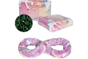 NAPRO Kids 3-in-1 Travel Blanket and Pillow Combo, Convertible Infinity Scarf, Lightweight Neck Support for Airplane, Car & Camping, Glow-in-The-Dark - Unicorn