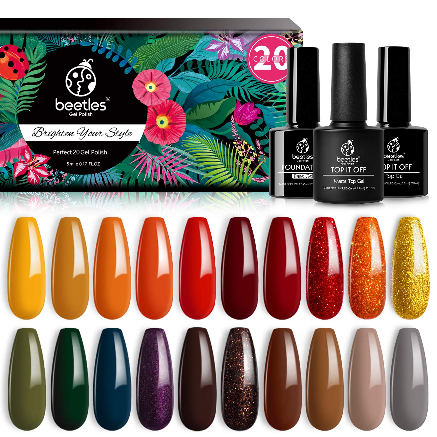 Beetles 23 Pcs Gel Nail Polish Kit-Cozy Campfire Fall Winter Orange Yellow Green Gel Nail Polish Set Colors Collection Soak off LED Nail Lamp Base Top Coat Glitter Gel Polish Nail Kit Christmas Gifts : Beauty