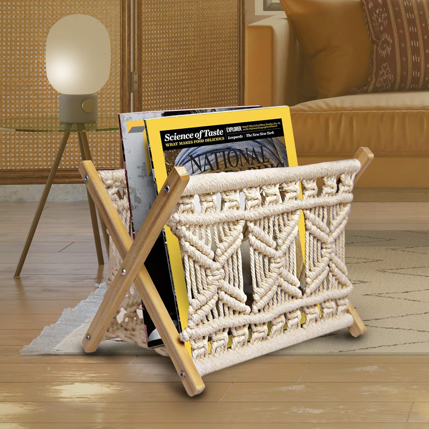 Sunlit Boho Macrame Magazine Rack, Decorative Books Magazines Newspaper Holder, Towel Storage Basket, Bohemian Rustic Home Decor, for Bedroom Living Room Nursery Office, Handmade Boho Woven Room Decor