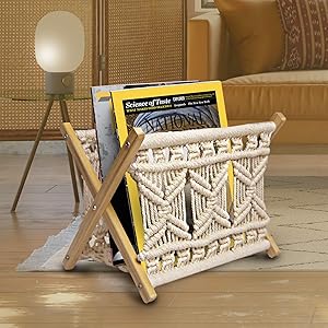 Sunlit Boho Macrame Magazine Rack, Decorative Books Magazines Newspaper Holder, Towel Storage Basket, Bohemian Rustic Home Decor, for Bedroom Living Room Nursery Office, Handmade Boho Woven Room Decor
