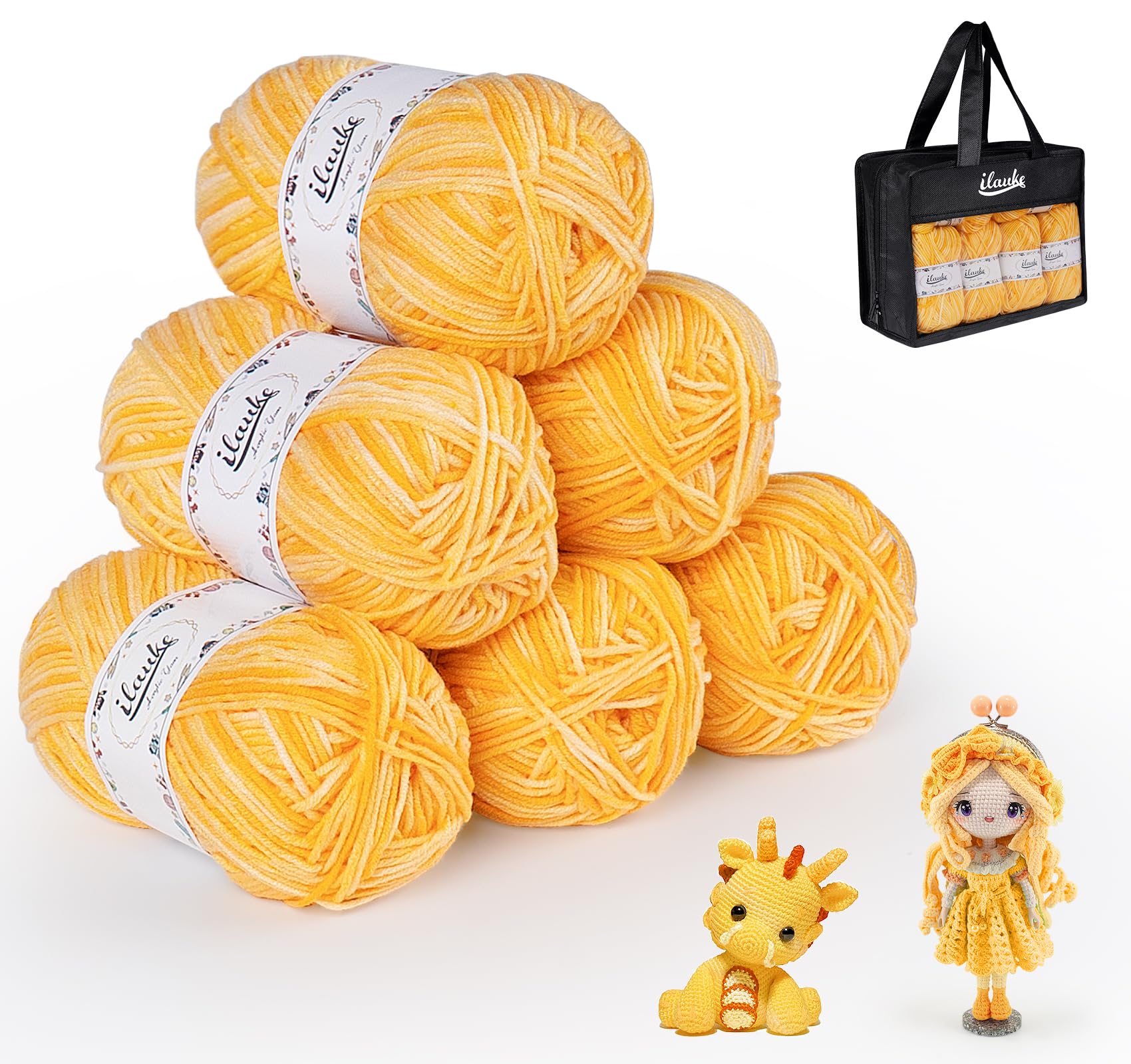 ilauke Crochet Yarn 6 x 50g Wool Packs, Acrylic Yarn Wool for Knitting 4-ply, Hand Knitting Wool for Blankets Dolls Craft Projects, with a Carrying Bag, Yellow — image 1
