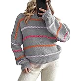 QIBABU Womens Striped Sweaters Casual Lantern Sleeve Color Block Knit Pullover Sweater Tops(2136-Grey-S-QB)