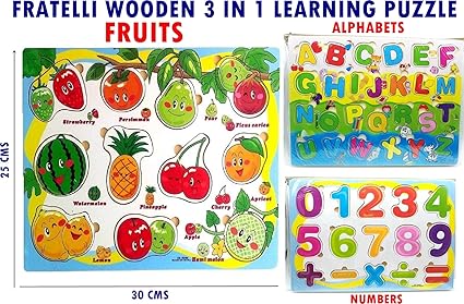 FRATELLI Learning Shapes, Alphabets and Numbers Wooden Puzzles - Set of 3
