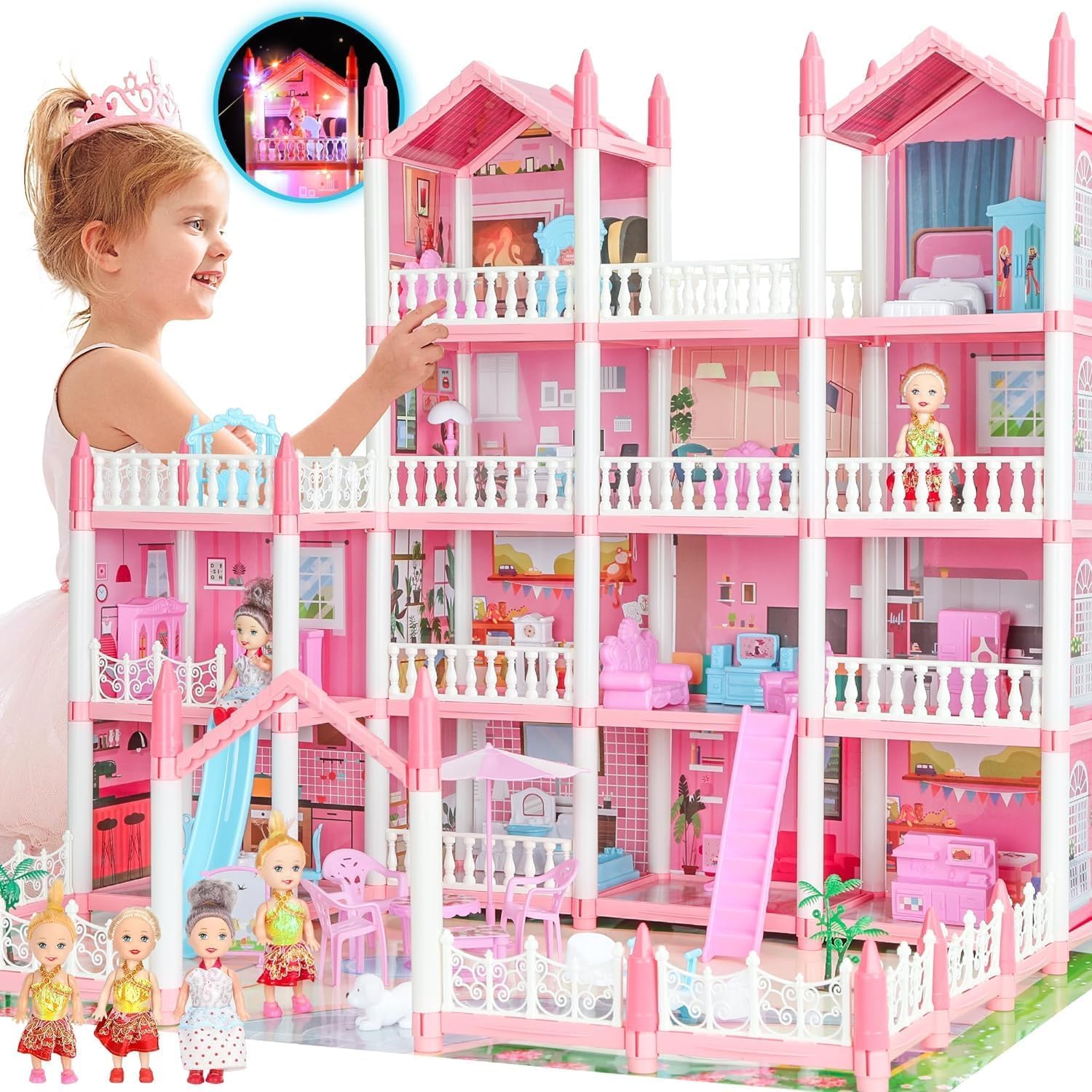 Photo 1 of 24 Inch Big Doll House Girl Toys Dream Dollhouse 4-Story 15 Rooms Playhouse with 3 Dolls, Lights, Furniture and Accessories, Pretend Play Toddler Doll Houses for Kids 6 7 8+ Year Old Gift
